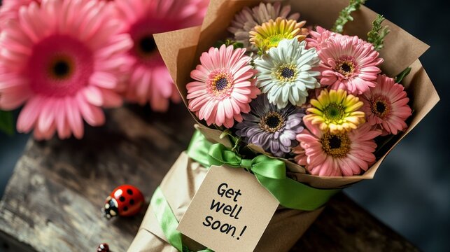 Colorful flowers bouquet with a get well soon note on a wooden table