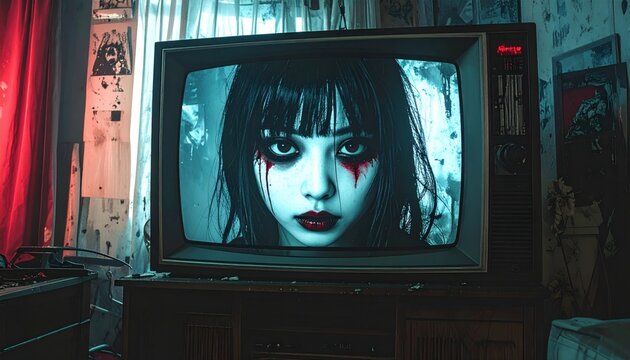 Creepy vintage television displaying a haunting female face with dark makeup.