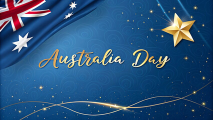 A festive graphic design celebrating Australia Day, featuring a waving section of the Australian flag in the upper left corner, the text Australia Day’s in elegant gold script.