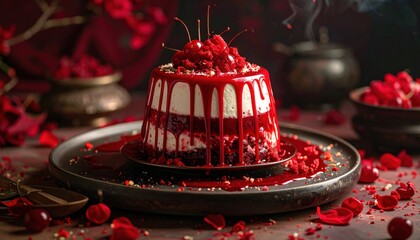 Decadent Red Velvet Cake with Cherry Glaze and Garnishes.