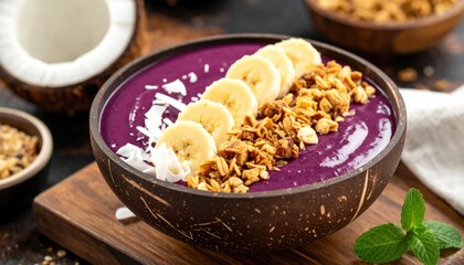 Delicious Acai Bowl with Banana and Granola Toppings in Coconut Shell.