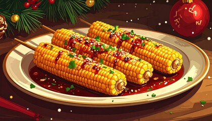 Delicious Grilled Corn on the Cob with Festive Christmas Decorations.
