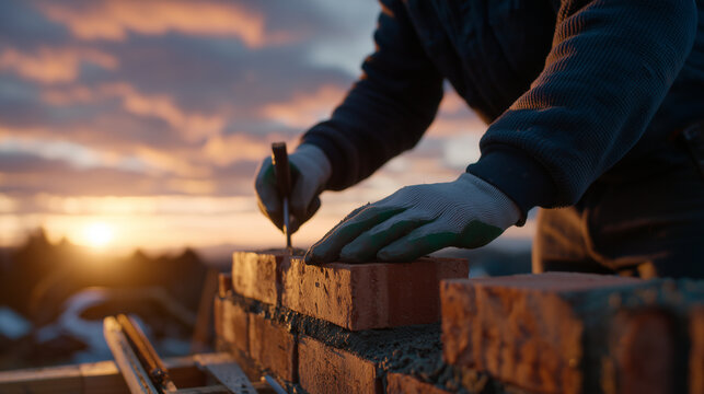 Side-angle close-up of gloved hands adjusting a red brick on a mortar bed, sunset sky painted with amber and pink tones, sharp focus on textures of brick and mortar, cinematic ligh