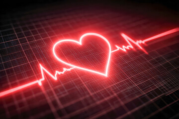 Glowing red heart beat line integrated with bright heart symbol on a dark futuristic grid background digital health concept