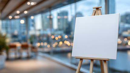 Empty easel with pristine blank flip chart positioned near large windows, city skyline visible through glass, daylight creates gentle gradients on the paper, modern corporate strat