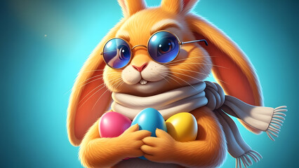 Cute cartoon rabbit holding Easter eggs in blue sunglasses vector illustration