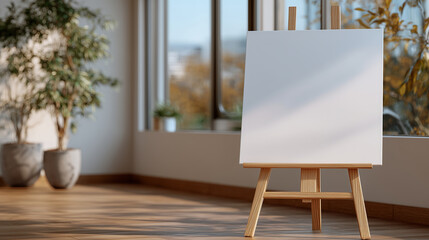 Elegant minimalist office scene featuring an empty easel and blank flip chart, neutral color palette, soft daylight and gentle shadows, symbol of open possibilities, strategy, and