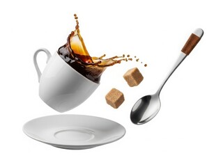 Floating coffee cup with spoon and sugar cubes