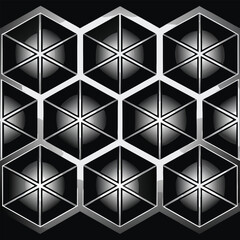 Obraz premium Dark Hexagonal Grid with 3D Geometric Cells and Reflective Spheres abstract background