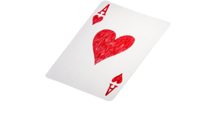 Four aces including the red ace of hearts and black ace of spades are isolated on a black background for a casino gambling game of poker in Vegas to win a bet by luck and chance