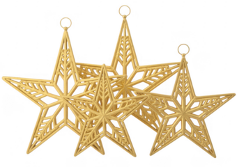 Three gold star ornaments gold stars isolated on a transparent background