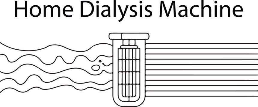Purification home dialysis machine outline vector, A line art cloudy water lines entering a filter dialyzer and emerging linear