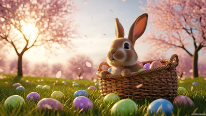 Easter bunny holding basket of colorful eggs in blooming spring garden vector illustration