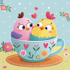 Cute cartoon vector illustration featuring a pink birthday cupcake with a heart and vintage Easter eggs surrounded by sweet spring flowers for a happy holiday celebration card