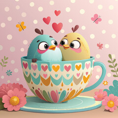 A cute pink bird and baby chicken enjoy a happy spring holiday within a floral heart frame for a Valentine wedding card design