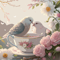 A vintage vector illustration of a peace dove carrying a floral branch with a heart and leaf design to symbolize love and nature during spring