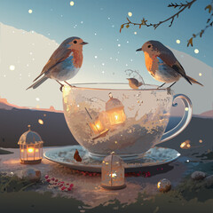 A small redbreast robin with bright orange feathers perches on a snow-covered garden branch, showcasing its vibrant beak against a wild winter wildlife scene of nature