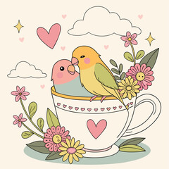 A vintage spring vector illustration featuring love birds on a floral tree branch with pink flowers and heart patterns for a nature inspired wedding invitation design