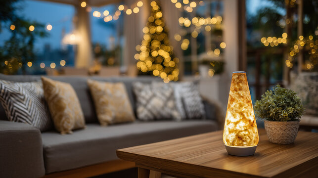 Cozy retro-inspired living room featuring a lava lamp as the focal point, wooden table illuminated by warm light, gray sofa with layered pillows, string lights produce a soft, drea