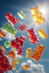 Colorful Assortment of Vibrant Gummy Bears Floating Against a Clear Blue Sky with Sunlight Gleaming Through Translucent Candiesgummy bears