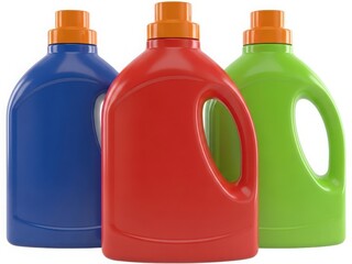 Three colorful laundry detergent bottles