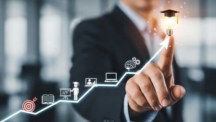 Businessman touching virtual graduation cap on graph with education icons