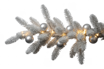 White Christmas tree branch with silver ornaments and lights isolated on a transparent background