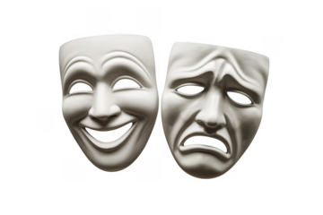 White comedy and tragedy masks side by side theater isolated on a transparent background
