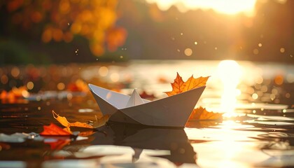 Paper Boat and Autumn Leaves Floating on Water, Golden Sunset, Serene Scene.