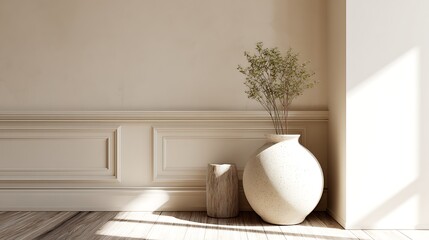 Elegant corner room decorated with neutral vase and indoor plant