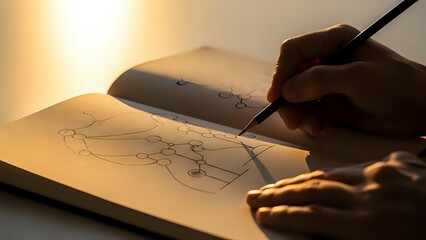 Hand drawing molecular structure diagram in notebook with pen during golden hour lighting for scientific research and chemistry education.