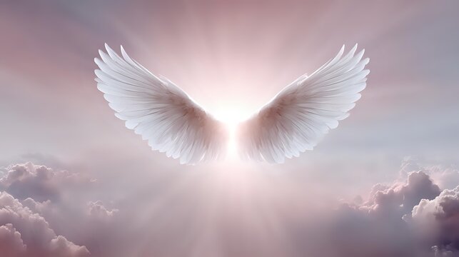 Ethereal white angel wings spread wide against soft pink clouds with divine light rays creating heavenly atmosphere for spiritual and religious concepts.