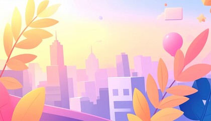 Pastel Cityscape Dream: Whimsical Buildings and Foliage in Soft Light