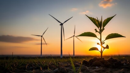Green plant seedling growing in soil with wind turbines at sunset representing renewable energy and environmental sustainability concepts.