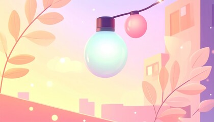 Pastel Cityscape with Glowing Lights and Botanical Elements, Dreamy Aesthetic.