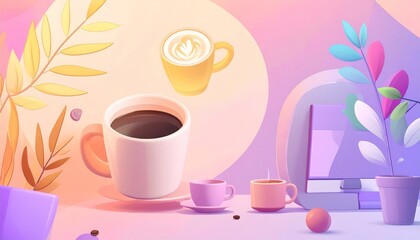 Pastel Coffee Break: Whimsical Still Life with Computer and Plants