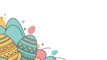 Colorful Easter eggs with decorative patterns and spring elements on white background for holiday greeting cards and seasonal design projects.
