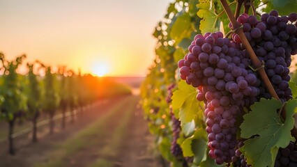 Naklejka premium Ripe purple grapes hanging on vine in vineyard at golden sunset with warm light filtering through leaves creating peaceful agricultural scene.