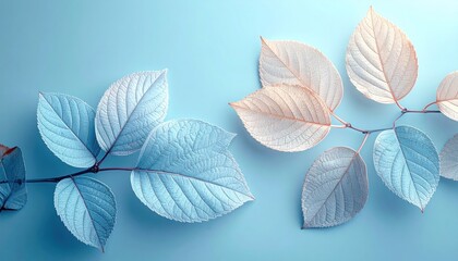 Pastel Leaves on Light Blue Background - A Serene Botanical Composition.