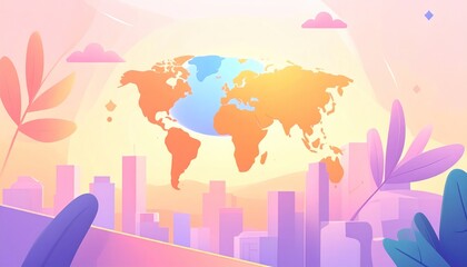 Pastel World Map Above Cityscape, Dreamy Global Vision, Soft Colors