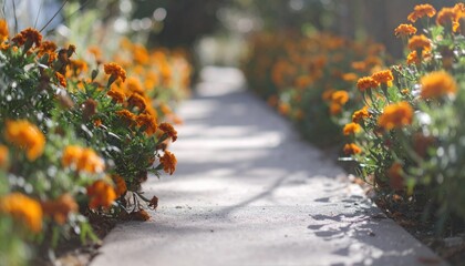 Pathway Lined with Vibrant Orange Marigolds in Full Bloom.