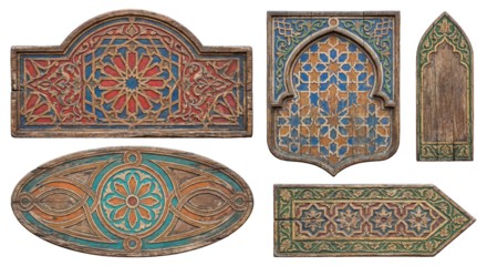 Collection of ornate, colorful wooden signs with intricate geometric patterns. Perfect for adding an exotic touch to any design project.