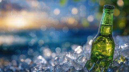 Close-up of green beer bottle on a bed of crushed ice, glossy surface reflecting sunlight, tiny water beads on glass, blurred party background, conveys thirst-quenching refreshment