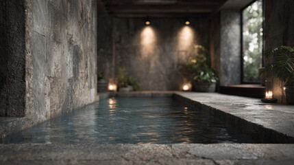 Scandinavian Spa Luxury: Indoor Stone Pool with Minimalist Design, Natural Light, and Candlelight Ambience
