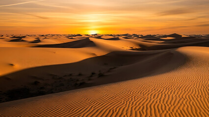 Golden desert sunset with sand dunes and vibrant orange sky