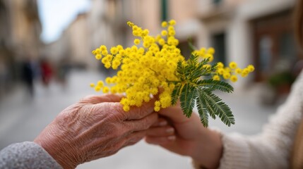 floral gesture art, a detailed picture showing two women exchanging mimosa flowers amidst a blurred european street backdrop