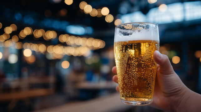 Macro shot of a hand holding a glass of golden beer, condensation beads on glass, frothy top prominent, soft-focus bar interior with glowing lights behind, cozy and inviting drinki