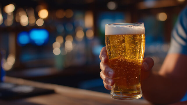 Cinematic close-up of fingers wrapped around a beer glass, golden liquid glows under warm bar lighting, frothy head perfectly captured, blurred bottles and taps in background, casu