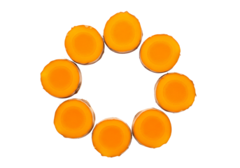 Carrot slices arranged in a circular ring pattern showing bright orange cross sections isolated on transparent background