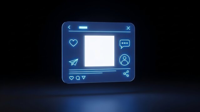 Futuristic glowing smartphone screen with social media icons on dark background - Powered by Adobe